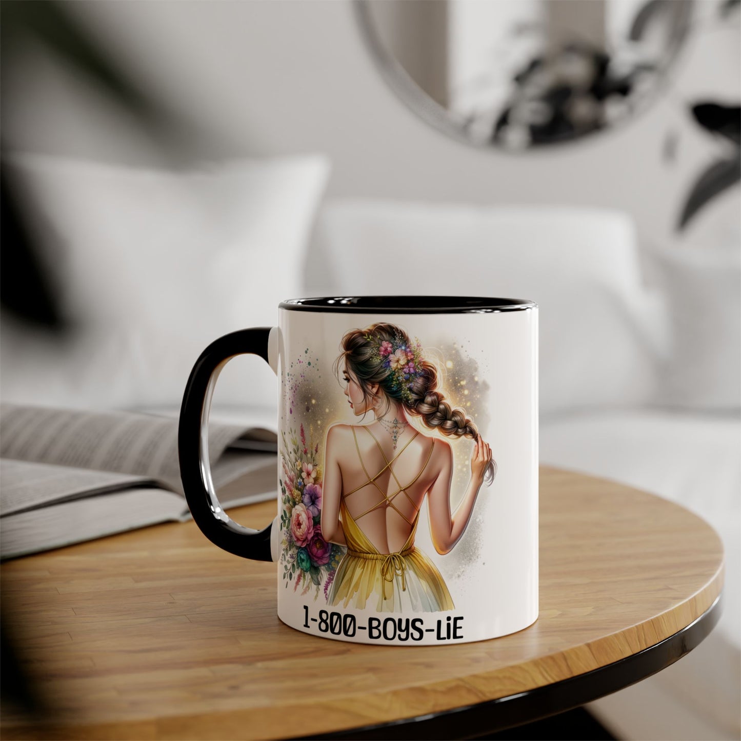 1-800-BOYS-LIE Chic Floral Accent Mug, Artistic Coffee Cup, Gift for Her, Inspirational Tea Mug, Floral Design Drinkware, Home Decor