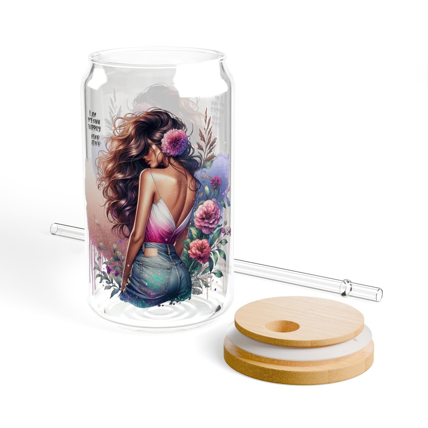 I Am My Own Happily Ever After Floral Sipper Glass, Perfect for Summer Sips, Gifts for Her, Eco-Friendly Drinkware, Boho Home Decor, Unique Water Bottle