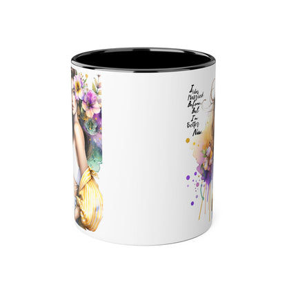 I Was Married Before But I'm Better Now Humoristic Artistic Accent Mug, Coffee Cup for Inspiration, Floral Design, Gift for Friends, Birthday, Home Decor, Motivational Drinkware