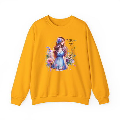 I'm Too Cute For My Ex Floral Illustration Sweatshirt, Cozy Unisex Crewneck, Perfect for Gifts, Casual Wear, Vibrant Art Pullover, Everyday Comfort