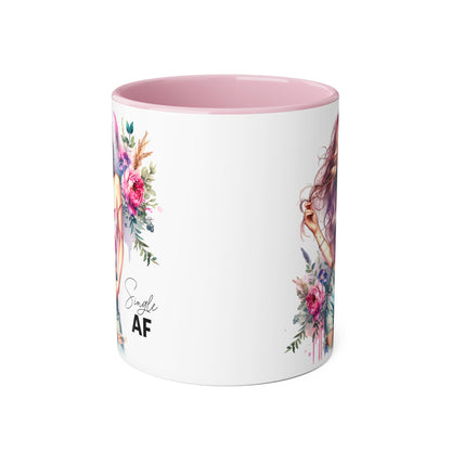 Single AF Floral Accent Mug, 11oz Coffee Cup, Gift for Singles, Cute Tea Mug, Kitchen Decor, Self-Love