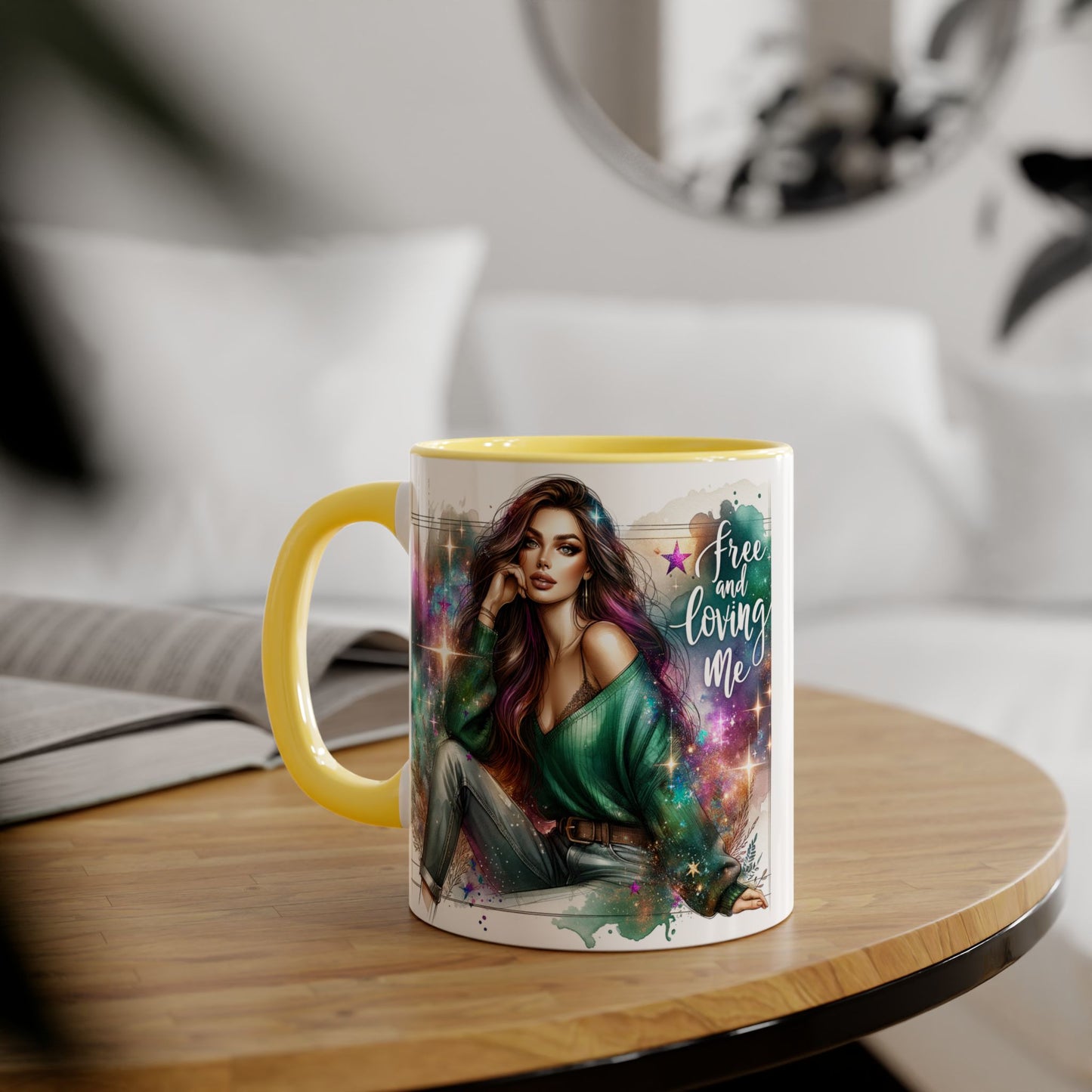 Mystical Art Accent Mug - Free and Loving Me, Unique Gift, Coffee Lover, Inspirational Decor, Fantasy Themed