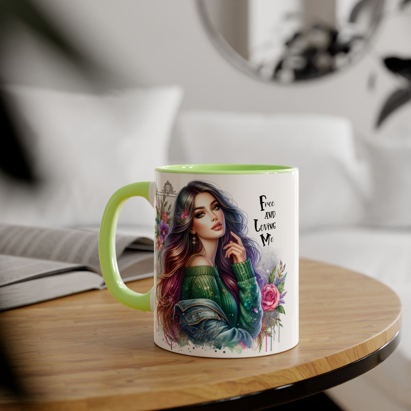 Bohemian Chic Accent Mug, Free and Loving Me 11oz Coffee Cup, Gifts for Her, Artistic Drinkware, Unique Home Decor, Floral Coffee Mug