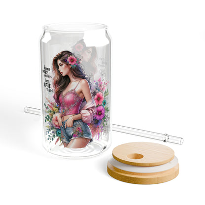 I Don't Make Mistakes, I Date Them Floral Sipper Glass, Drinkware for Summer, Pink Floral Water Bottle, Eco-Friendly Glass Jar, Party Favors, Gift for Her
