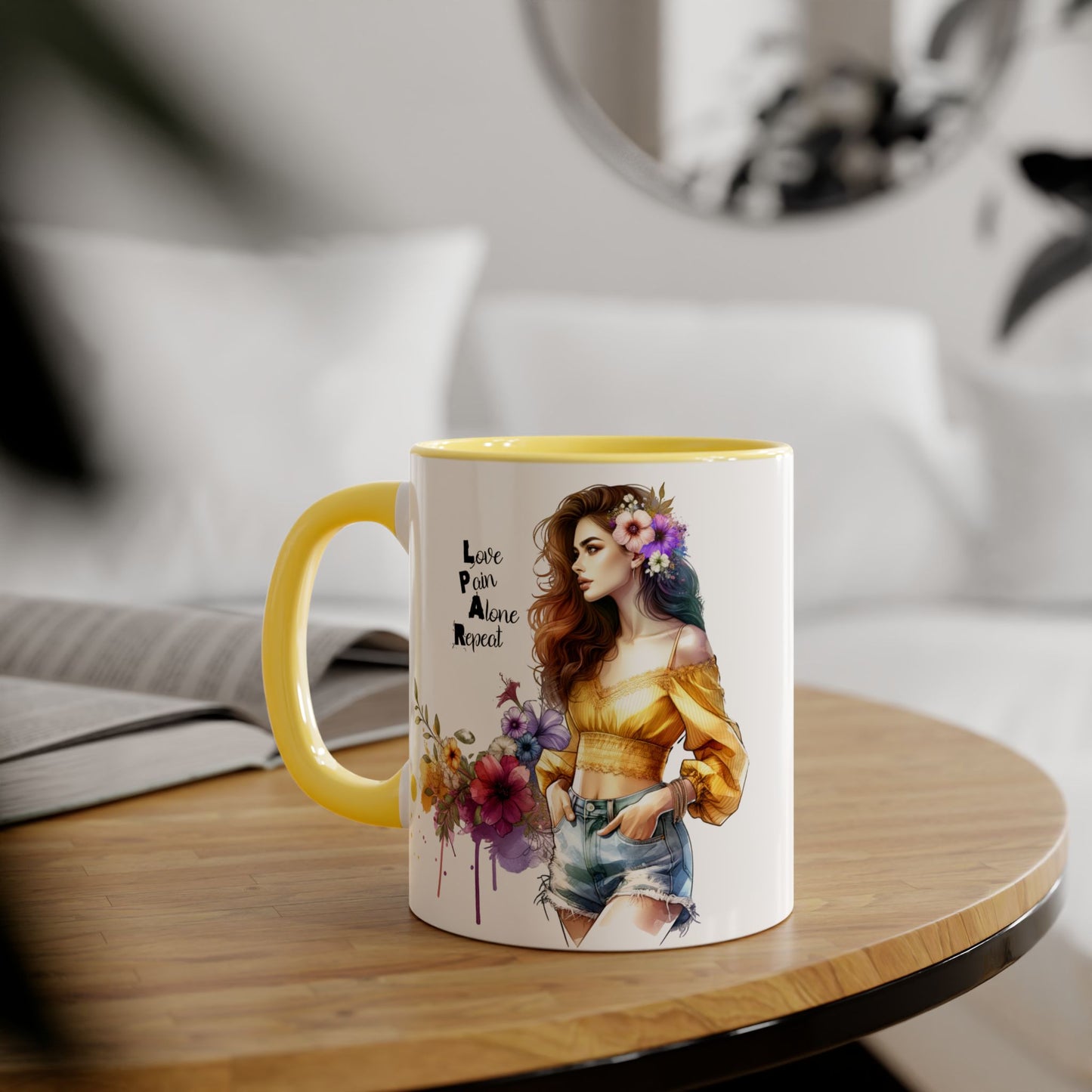 Colorful Floral Accent Mug, Love Pain Alone Repeat, Inspirational Coffee Cup, Gift for Friends, Art Lover Mug