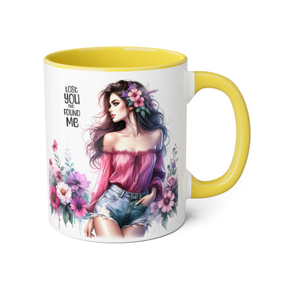 Lost You and Found Me Floral Beauty Accent Mug, Coffee Cup, Gift for Her, Inspirational Quote Mug, Artistic Drinkware, Home Decor