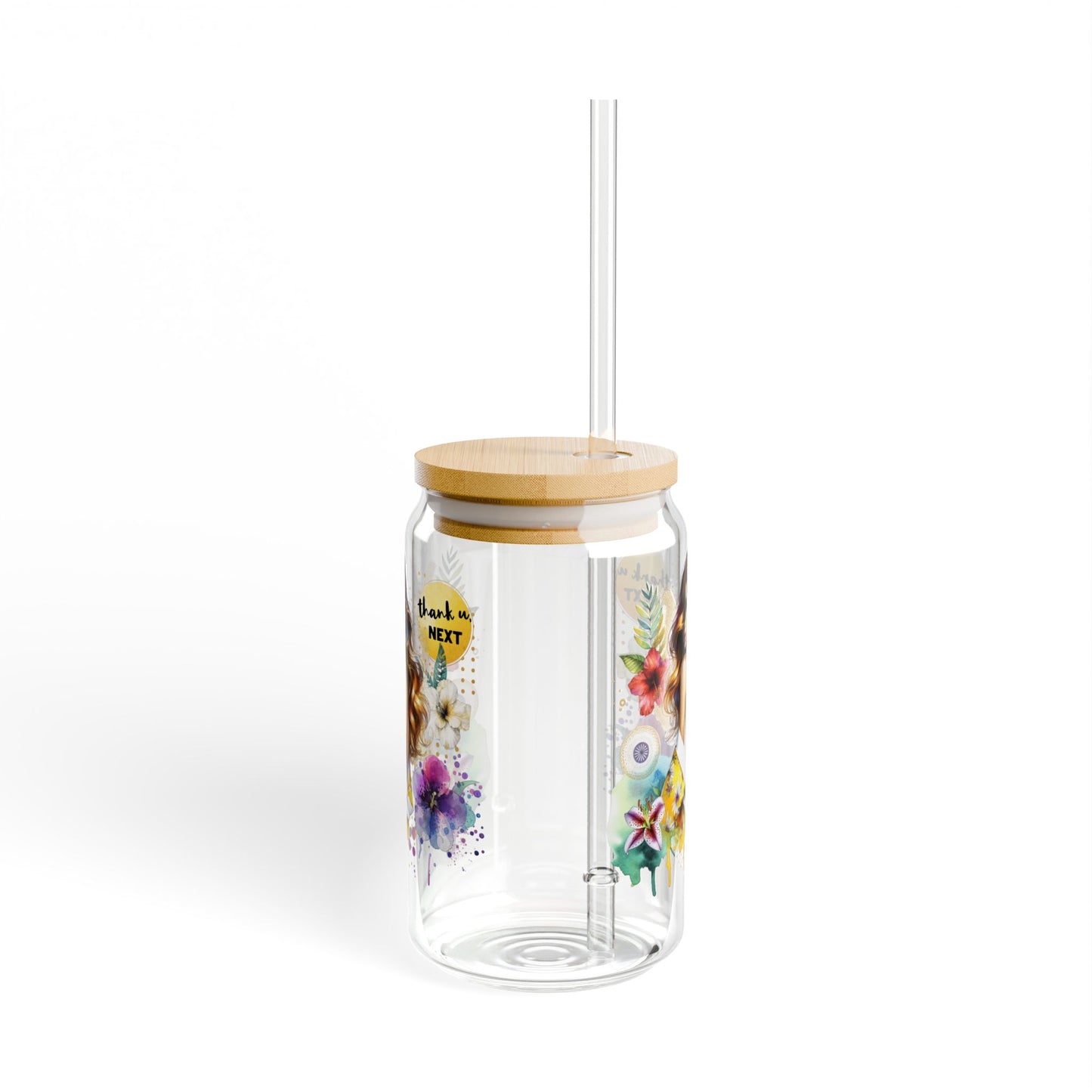 Thank U, Next Chic Sipper Glass | 16oz Floral Art Drinkware, Stylish Water Bottle, Eco-Friendly Straw Cup, Gift for Her, Tropical Vibes