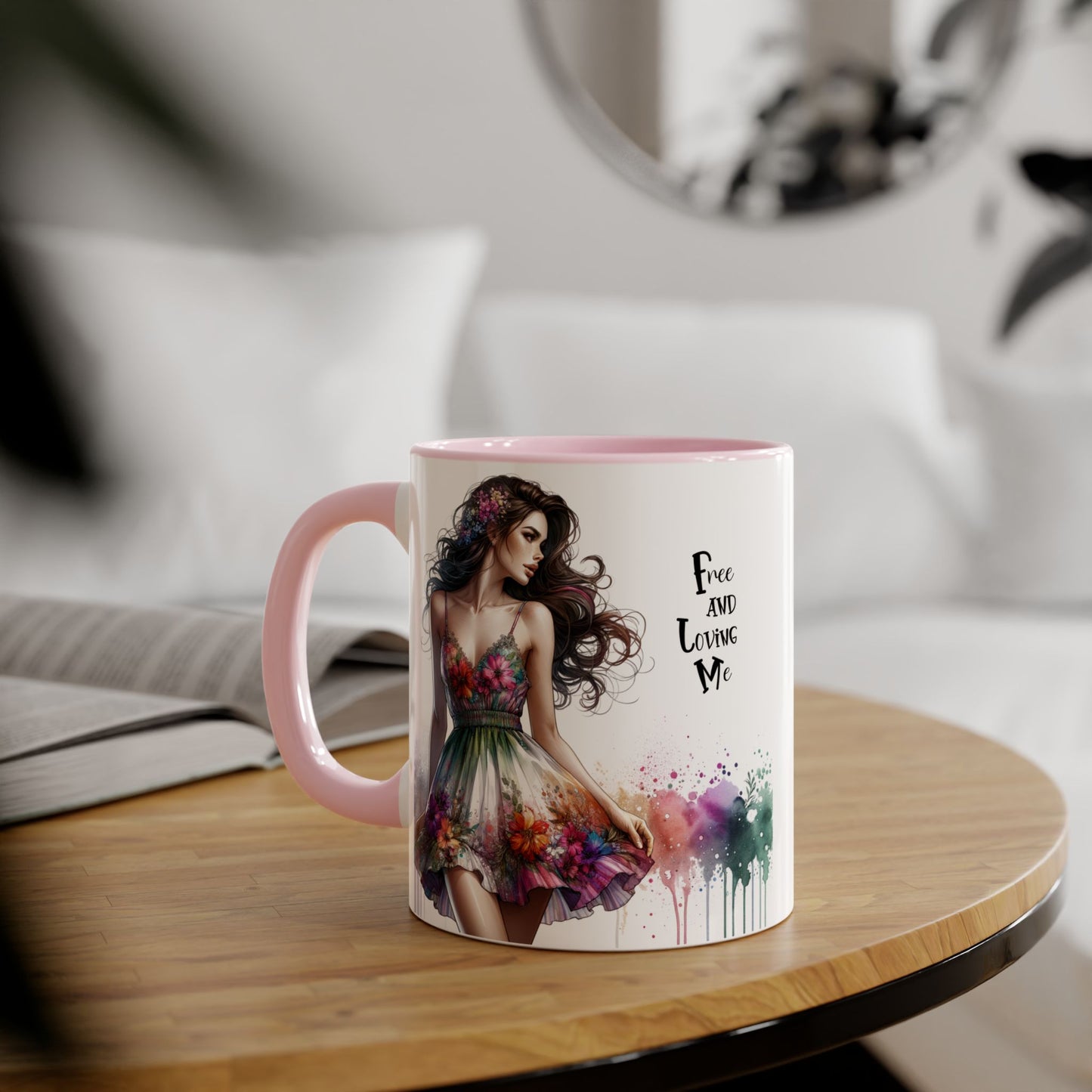 Floral Art Inspirational Coffee Mug, Free and Loving Me, Gift for Her, Colorful Drinkware, Boho Mug, Artistic Tea Cup