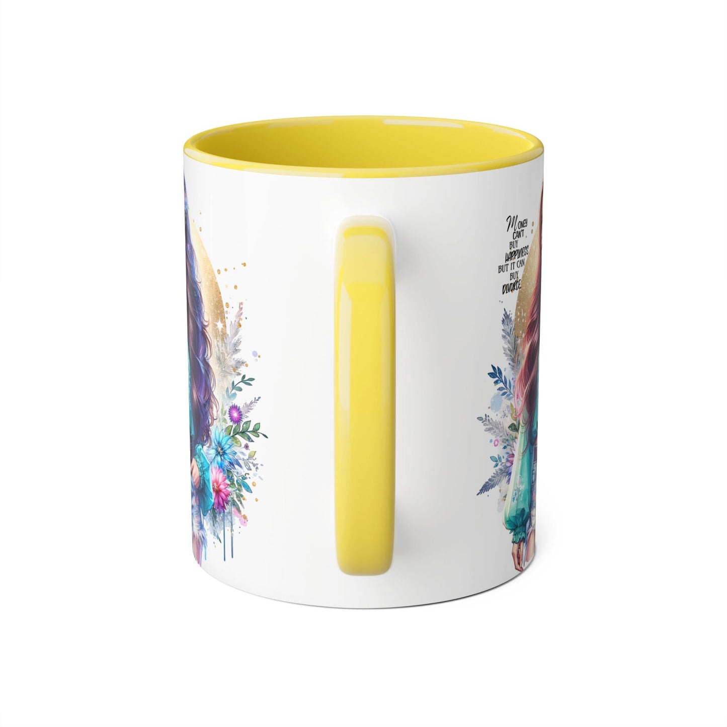 Money Can't Buy Happiness But It Can Buy Divorce Humoristic Inspirational Accent Mug, 11oz Coffee Cup for Boho Lovers, Unique Gift for Women, Flower Art Mug, Home Decor, Birthday Celebration