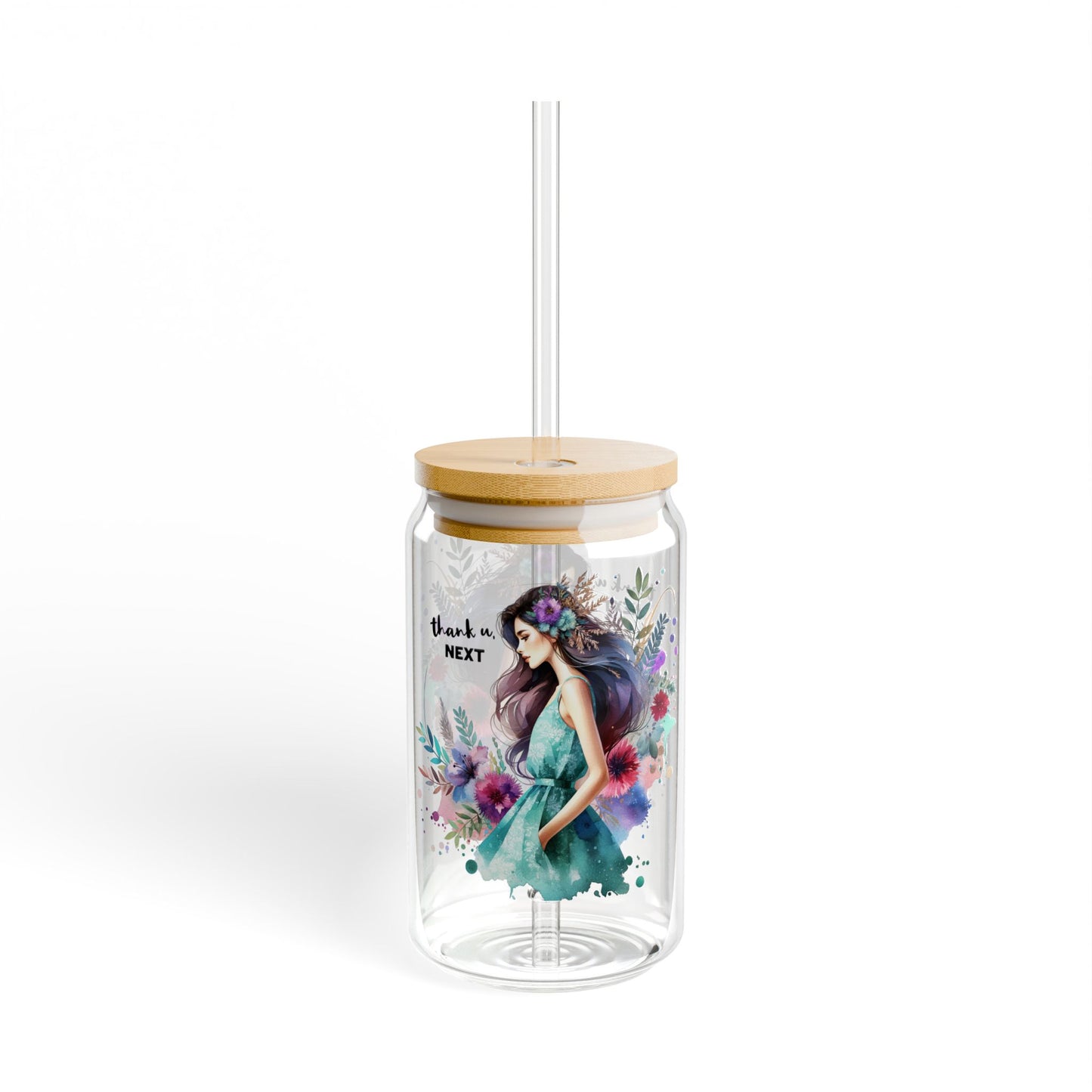 Thank U, Next Floral Sipper Glass with Bamboo Lid, 16oz, Eco-friendly Drinkware for Home, Gifts, and Celebrations