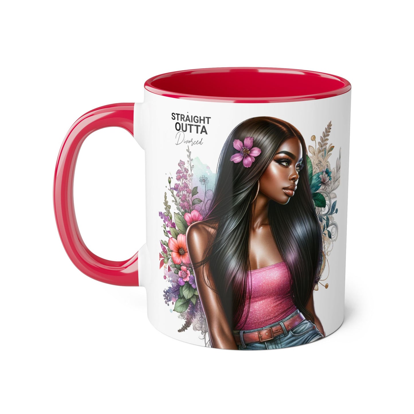 Straight Outta Divorced Humoristic Vibrant Statement Mug, Black Handle Coffee Cup, Floral Art Beverage Mug, Gift for Her, Inspirational Drinkware, Birthday Mug