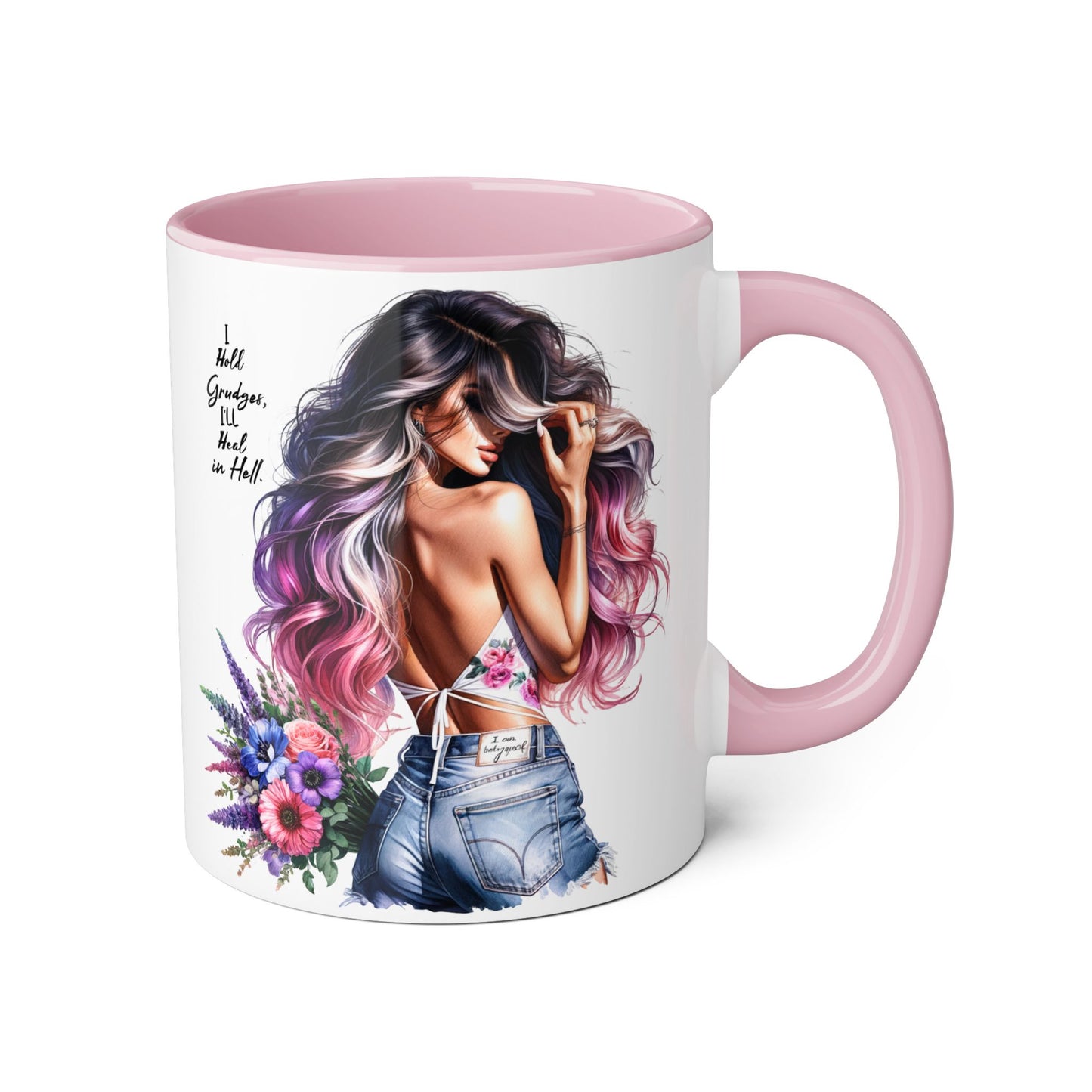 I Hold Grudges, I'll Heal in Hell  Humoristic Inspirational Accent Mug, Cute Girlfriend Gift, Black & White Coffee Cup, Floral Design, Unique Home Decor, Art Lover's Accessory