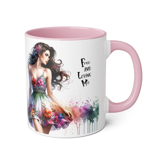 Floral Art Inspirational Coffee Mug, Free and Loving Me, Gift for Her, Colorful Drinkware, Boho Mug, Artistic Tea Cup