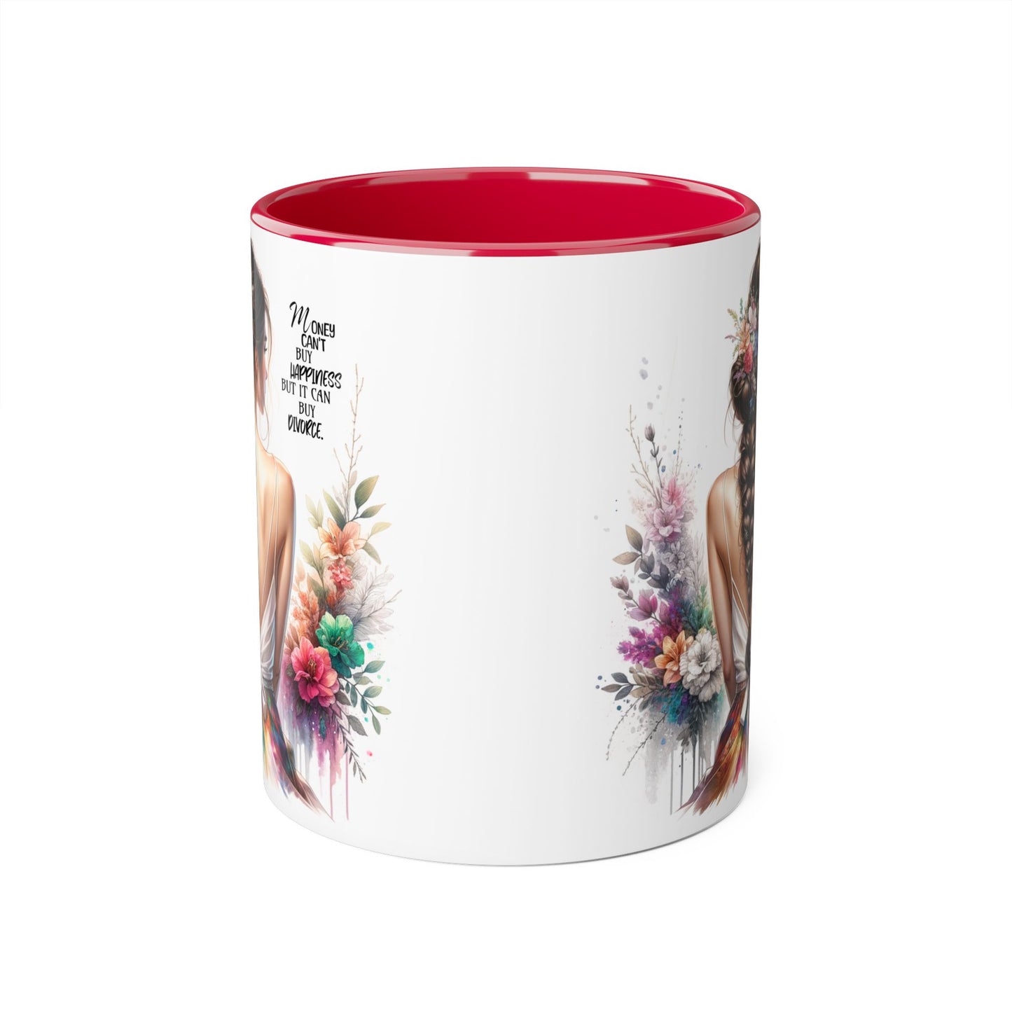 Money Can't Buy Happiness But It Can Buy Divorce Humoristic Inspirational Accent Mug, 11oz Coffee Cup for Women, Gift for Her, Floral Design, Motivational Quote Mug, Birthday Gift