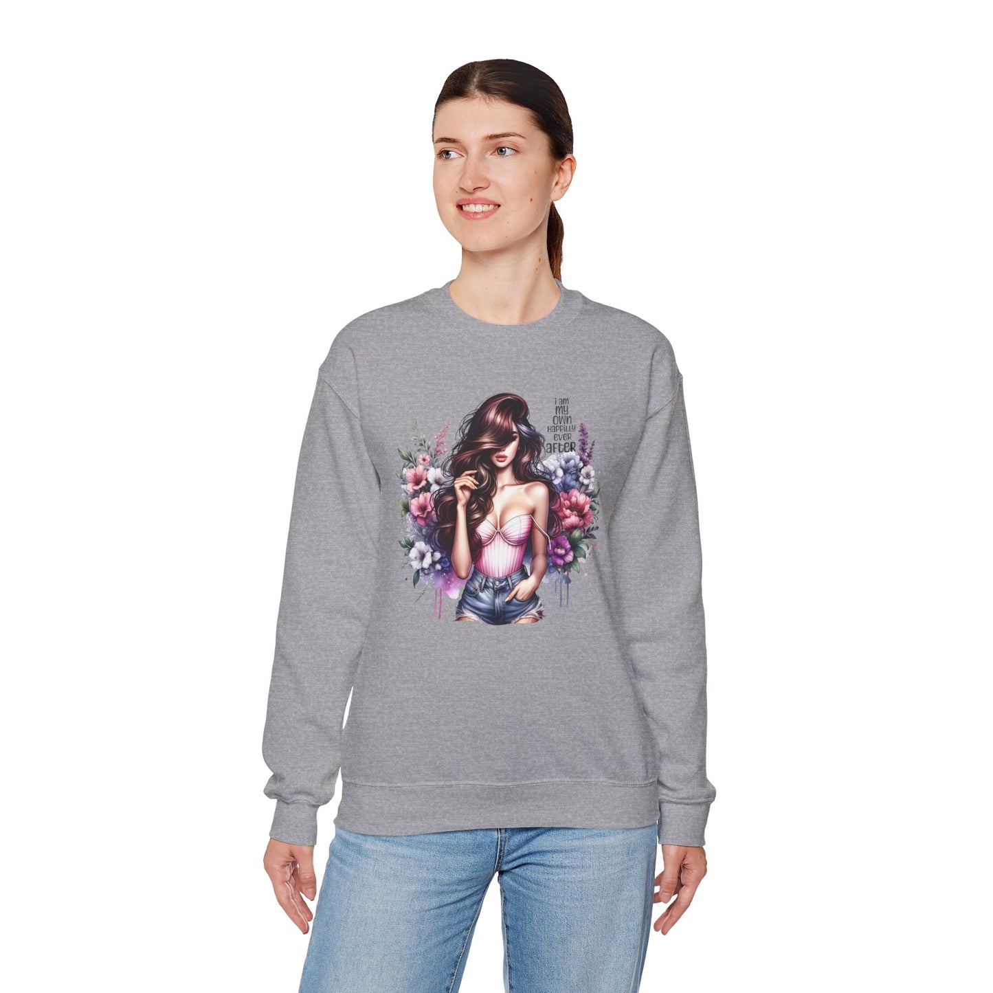 I Am My Own Happily Ever After  Floral Goddess Crewneck Sweatshirt, Cozy Women's Apparel, Boho Style, Gift for Her, Trendy Sweatshirt, Chic Layering Piece