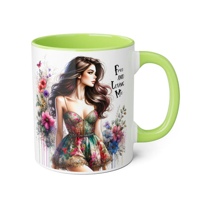 Free and Loving Me Floral Accent Mug | 11oz Coffee Cup, Gift for Her, Art Mug, Bohemian Decor, Flower Lover Gift