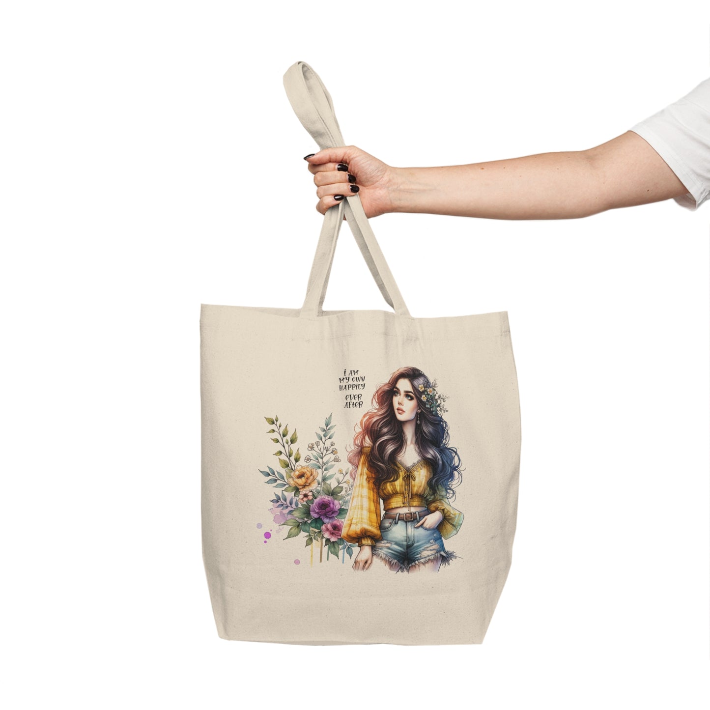 I Am My Own Happily Ever  After Boho Floral Canvas Tote Bag, Eco-Friendly Shopping Bag, Beach Bag, Gift for Her, Summer Tote, Inspirational Quote Tote