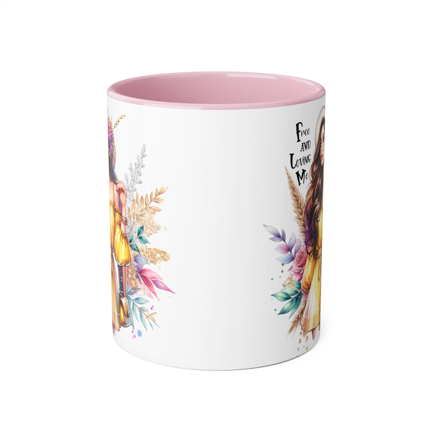 Free and Loving Me Bold Boho Accent Mug, Artistic Coffee Cup, Unique Gift for Women, Inspirational Kitchenware, Floral Design, Birthday Mug