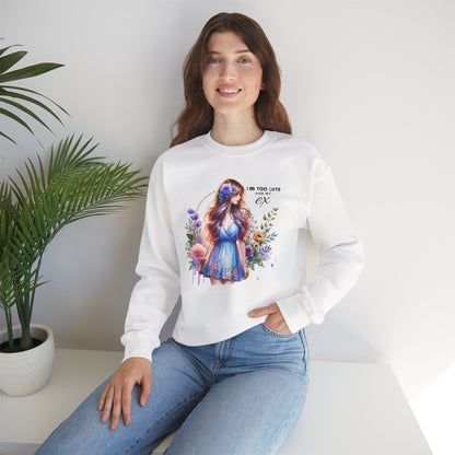 I'm Too Cute For My Ex Floral Illustration Sweatshirt, Cozy Unisex Crewneck, Perfect for Gifts, Casual Wear, Vibrant Art Pullover, Everyday Comfort