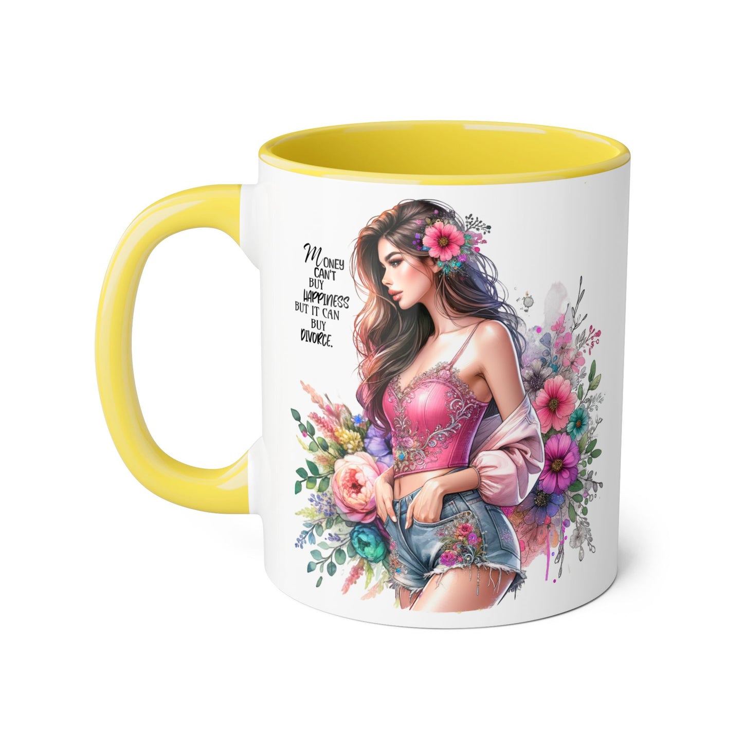 Money Can't Buy Happiness But It Can Buy Divorce Humoristic Floral Inspirational Mug, Gift for Friends, Coffee Cup, Tea Lover, Flower Design, Motivational Quote, Birthday Gift