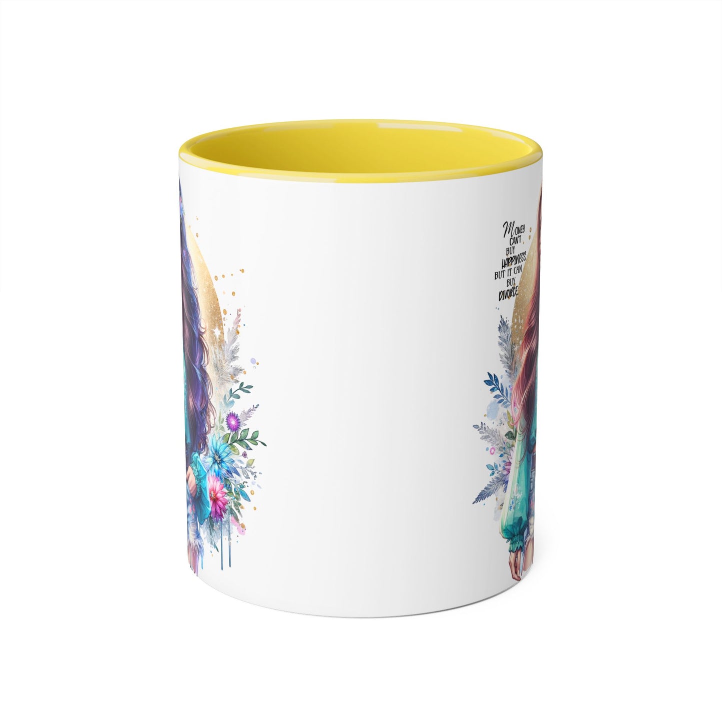 Money Can't Buy Happiness But It Can Buy Divorce Humoristic Inspirational Accent Mug, 11oz Coffee Cup for Boho Lovers, Unique Gift for Women, Flower Art Mug, Home Decor, Birthday Celebration