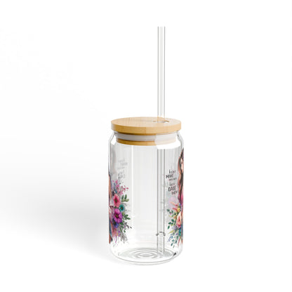 I Don't Make Mistakes, I Date Them Floral Sipper Glass, Drinkware for Summer, Pink Floral Water Bottle, Eco-Friendly Glass Jar, Party Favors, Gift for Her