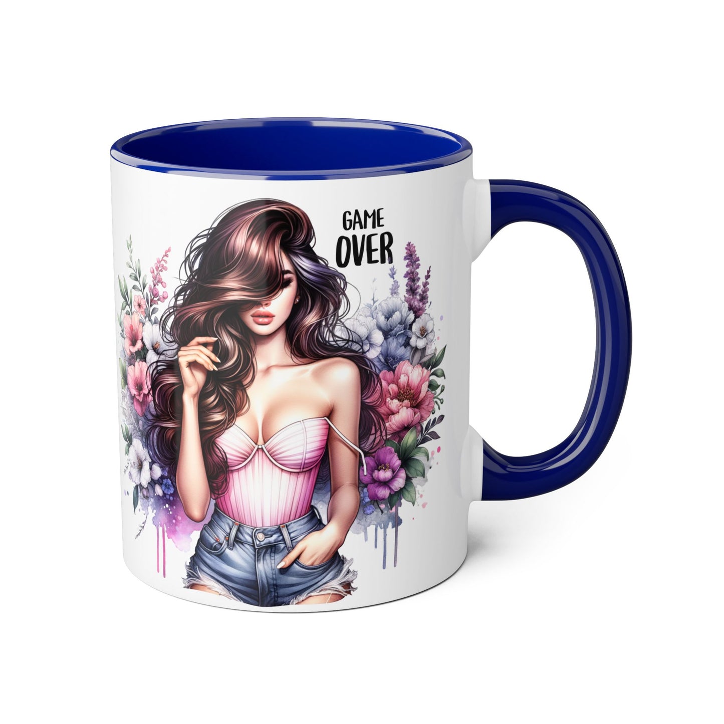 Game Over Floral Accent Mug - 11oz, Coffee Cup for Her, Gift for Gamers, Fun Tea Mug, Unique Kitchen Decor, Women’s Gift Idea
