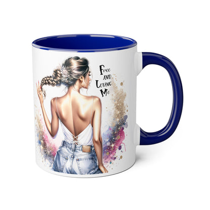 Free and Loving Me Accent Mug, Empowering Coffee Cup, Inspirational Gift, Unique Women’s Mug, Morning Motivation