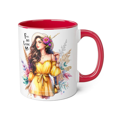 Free and Loving Me Bold Boho Accent Mug, Artistic Coffee Cup, Unique Gift for Women, Inspirational Kitchenware, Floral Design, Birthday Mug