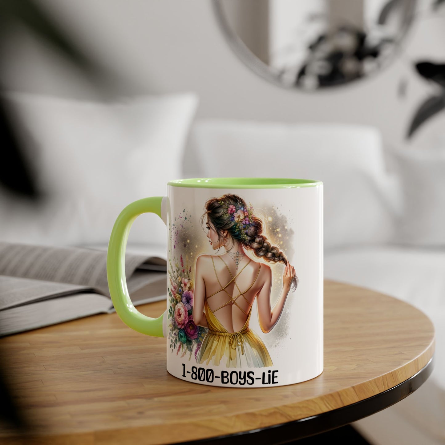 1-800-BOYS-LIE Chic Floral Accent Mug, Artistic Coffee Cup, Gift for Her, Inspirational Tea Mug, Floral Design Drinkware, Home Decor