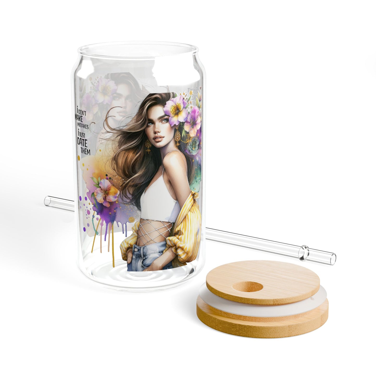 I Don't Make Mistakes, I Date Them Floral Sipper Glass, 16oz - Stylish Drinkware for Any Occasion, Perfect for Home, Parties, Gifts, Eco-Friendly, Unique Design