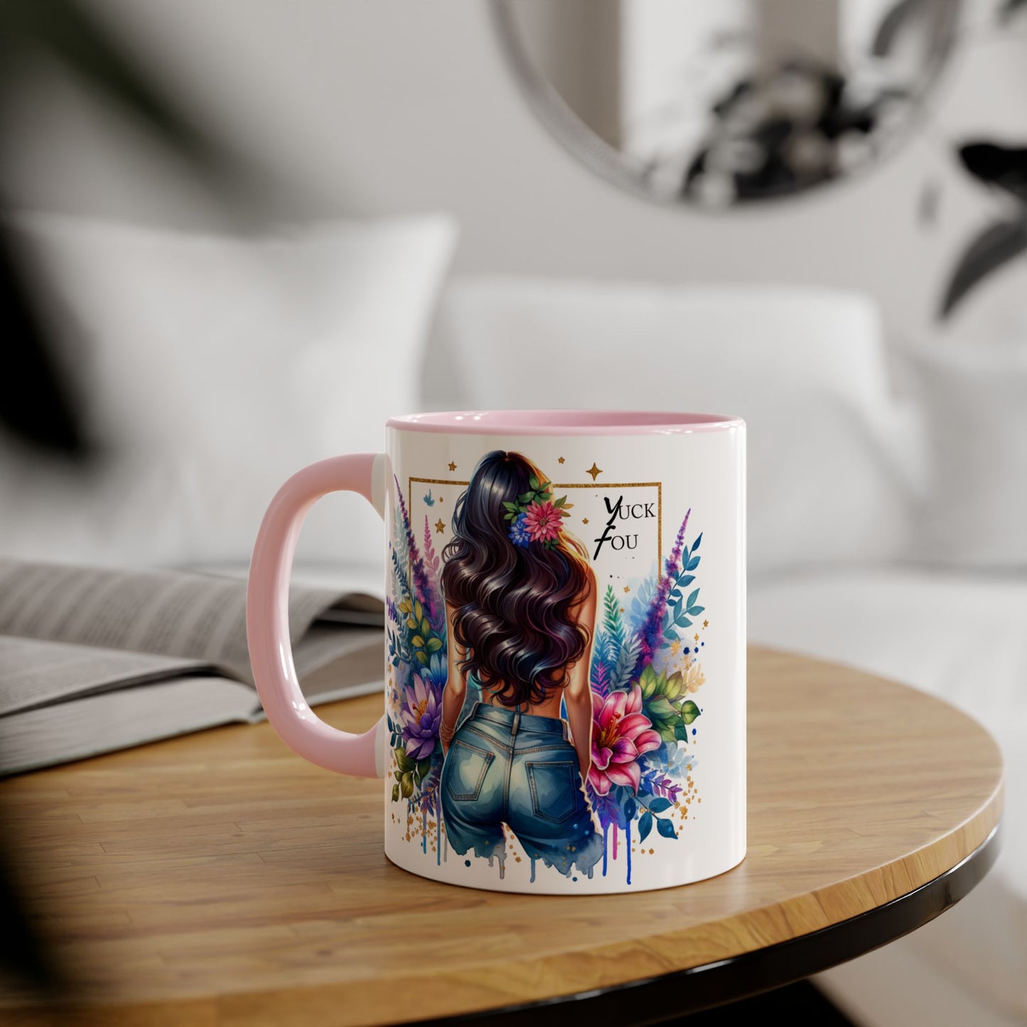 Yuck Fou Bohemian Floral Accent Mug, 11oz, Artistic Coffee Cup, Gift for Her, Stylish Drinkware, Home Decor, Unique Kitchen Accessories