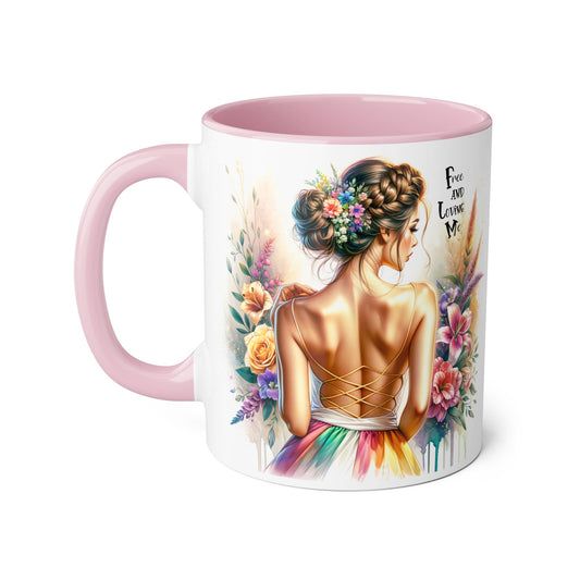 Free and Loving Me Empowering Quote Accent Mug, Inspirational Coffee Mug, Floral Design Mug, Unique Gift for Women, Motivational Drinkware