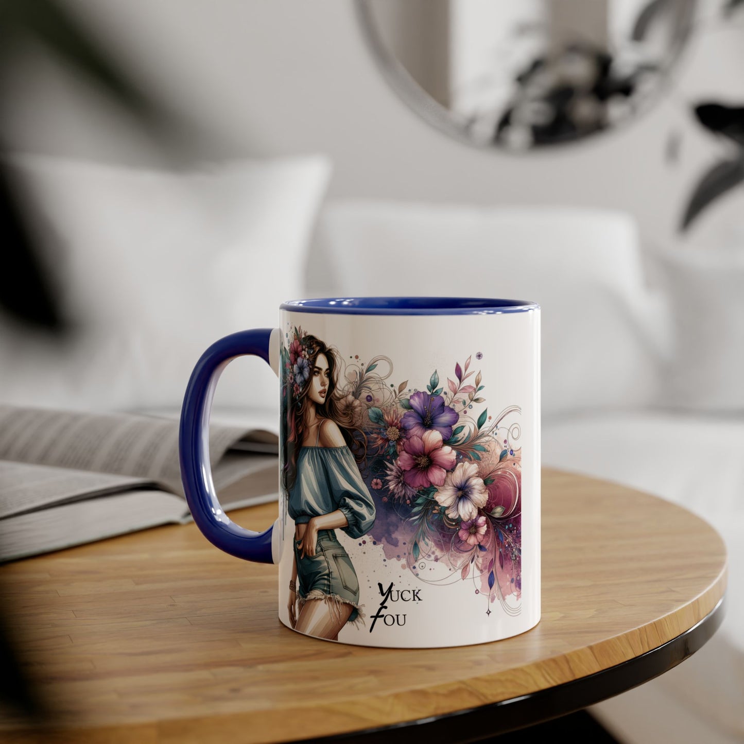 Yuck Fou Bohemian Floral Accent Mug, 11oz Coffee Cup for Art Lovers, Unique Gift for Birthdays, Mother's Day, Relaxation Tea, Decor