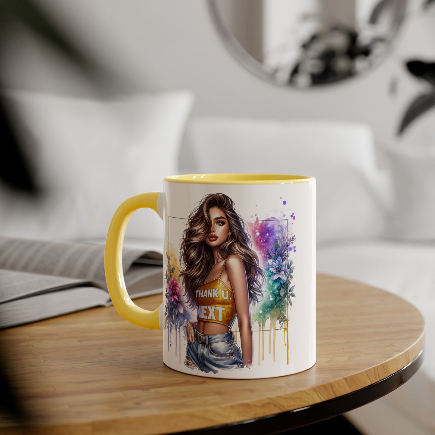 Thank U, Next Vibrant Floral Accent Mug | Unique Coffee Cup, Gift for Her, Artful Drinkware, Boho Style, Colorful Tea Mug, Inspirational Design