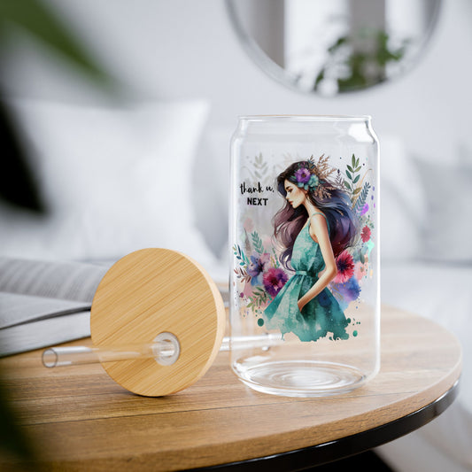 Thank U, Next Floral Sipper Glass with Bamboo Lid, 16oz, Eco-friendly Drinkware for Home, Gifts, and Celebrations