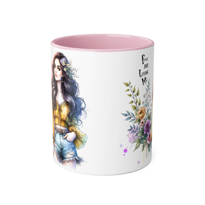 Bohemian Floral Accent Mug, Free and Loving Me Coffee Cup, Gift for Her, Unique Art Mug, Morning Beverage Lover's Gift