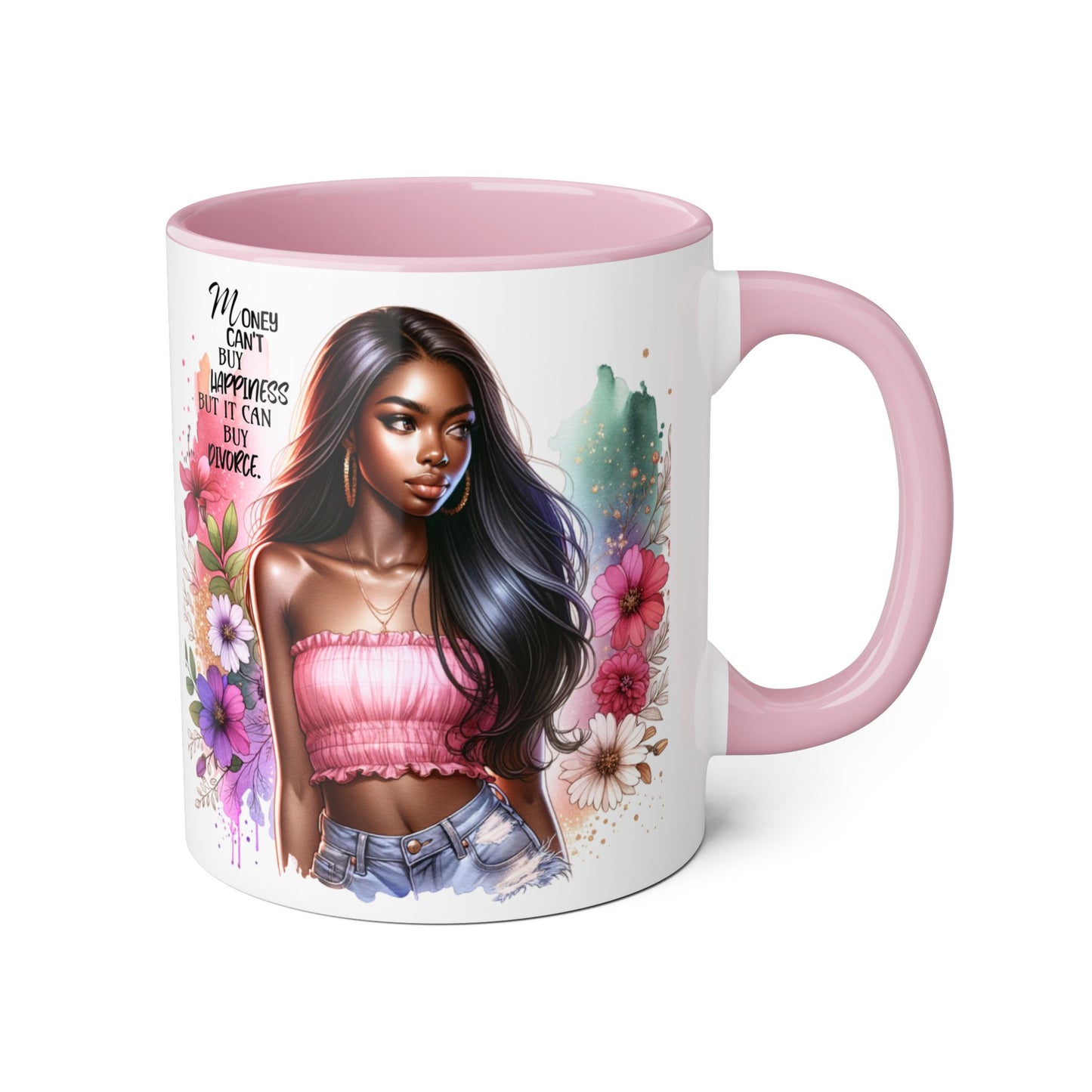 Money Can't Buy Happiness But It Can Buy Divorce Humoristic Empowering Accent Mugs, Motivational Coffee Cup, Inspirational Tea Mug, Unique Gift for Her, Artistic Floral Mug