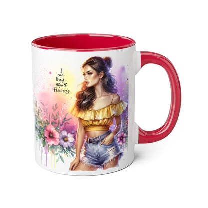 I Can Buy Myself Flowers Colorful Floral Accent Mug, 11oz Coffee Cup, Bohemian Style Drinkware, Perfect Gift for Garden Lovers, Ideal for Birthdays, Mother's Day
