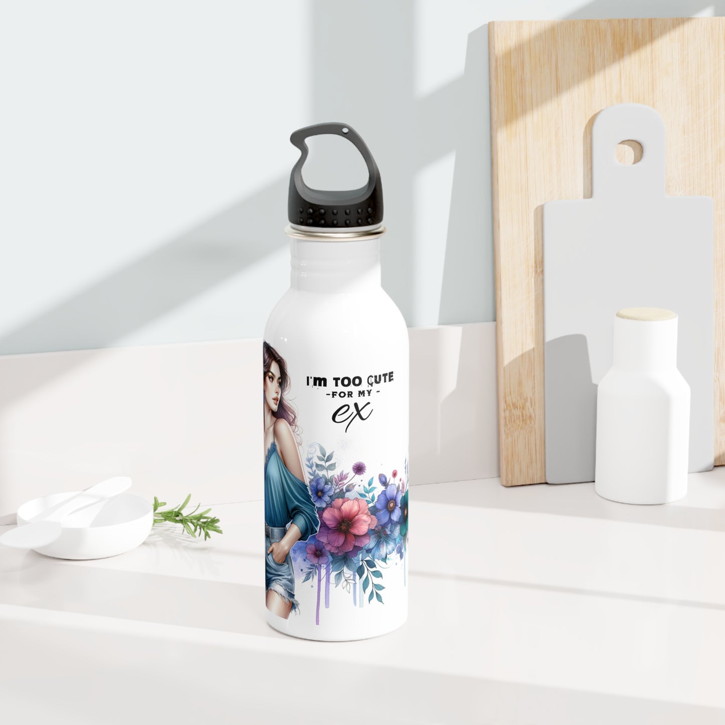 I'm Too Cute For My Ex  Stainless Steel Water Bottle, Trendy Hydration, Gift for Her, Floral Water Bottle, Funny Quotes, Daily Use Bottle