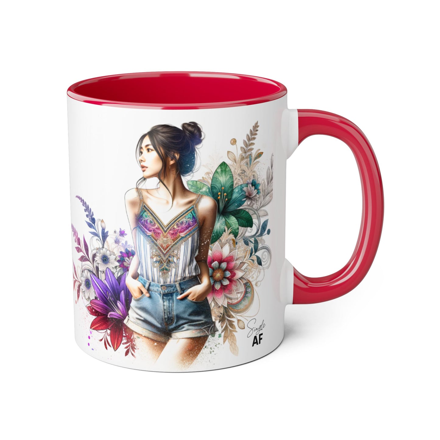 Single AF Boho Flower Accent Mug - Artistic Coffee Cup, Floral Design, Gift for Her, Birthday, Home Decor, Unique Artwork, 11oz