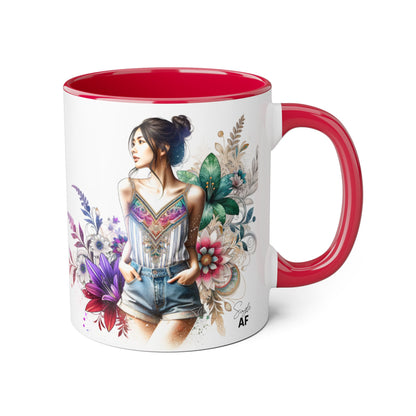 Single AF Boho Flower Accent Mug - Artistic Coffee Cup, Floral Design, Gift for Her, Birthday, Home Decor, Unique Artwork, 11oz