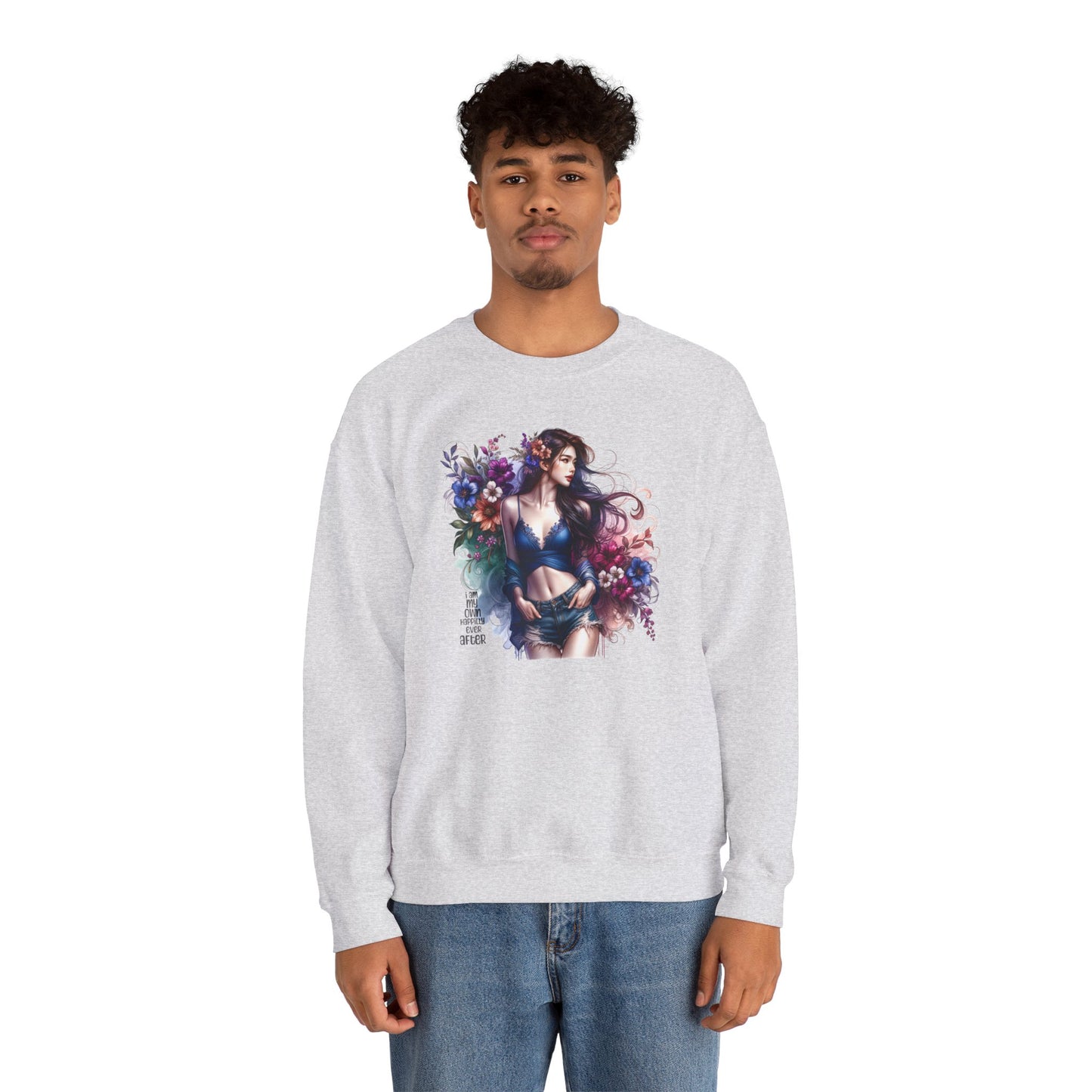 I Am My Own Happily Ever After  Floral Goddess Sweatshirt | Cozy Unisex Crewneck | Perfect Gift for Fall/Winter, Artistic Apparel, Wall Art Sweatshirt, Everyday Wear