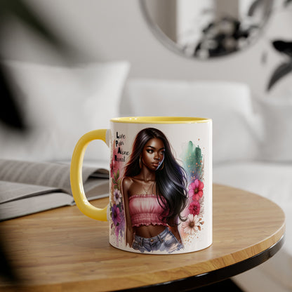 Vibrant Floral Accent Mug - Love, Pain, Alone, Repeat | Perfect Gift for Friends, Birthdays, Affirmation Mug, Coffee Lover