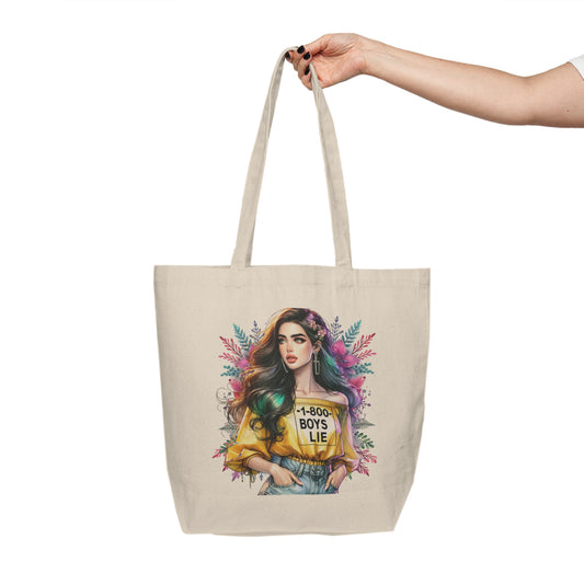 1-800-Boys-Lie Colorful Illustrated Canvas Tote Bag, Eco-Friendly Grocery Bag, Gift for Her, Stylish Beach Bag, Fun Shopping Tote