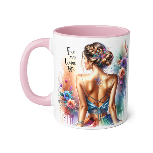 Artistic Floral Accent Mug, Free and Loving Me Ceramic Coffee Cup, Inspirational Gift, Unique Drinkware, Bohemian Style Mug