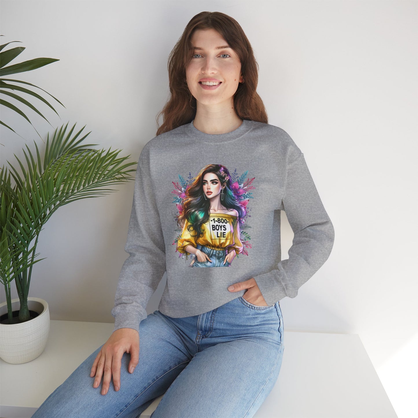 1-800-Boys-Lie Colorful Graphic Crewneck Sweatshirt - 'Boys Lie' Design, Unisex Sweatshirt, Trendy Gift, Casual Wear, Comfortable Outfit