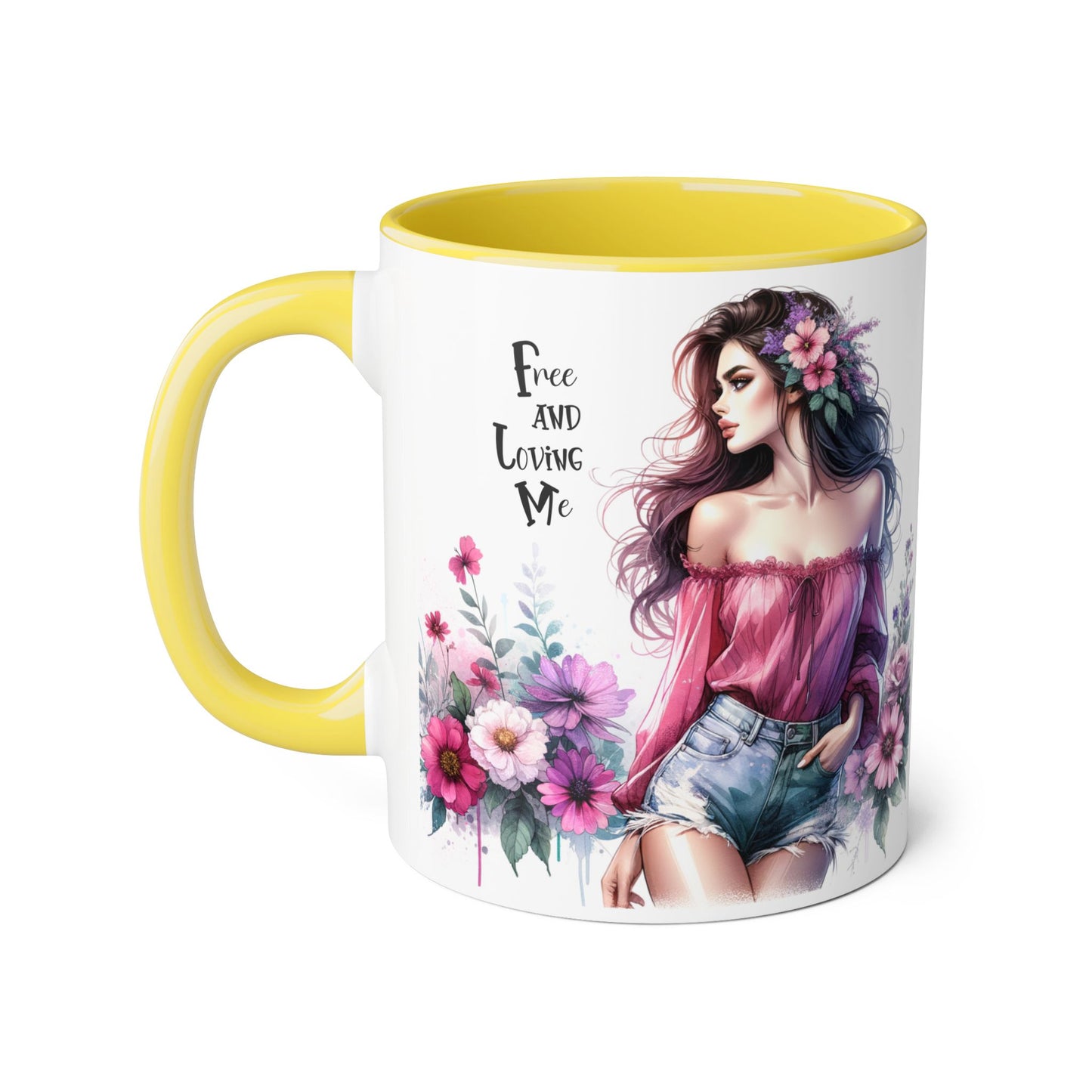 Floral Bohemian Accent Mug - Free and Loving Me Design, Coffee Cup Gift, Mother's Day Present, Home Decor, Art Drinkware