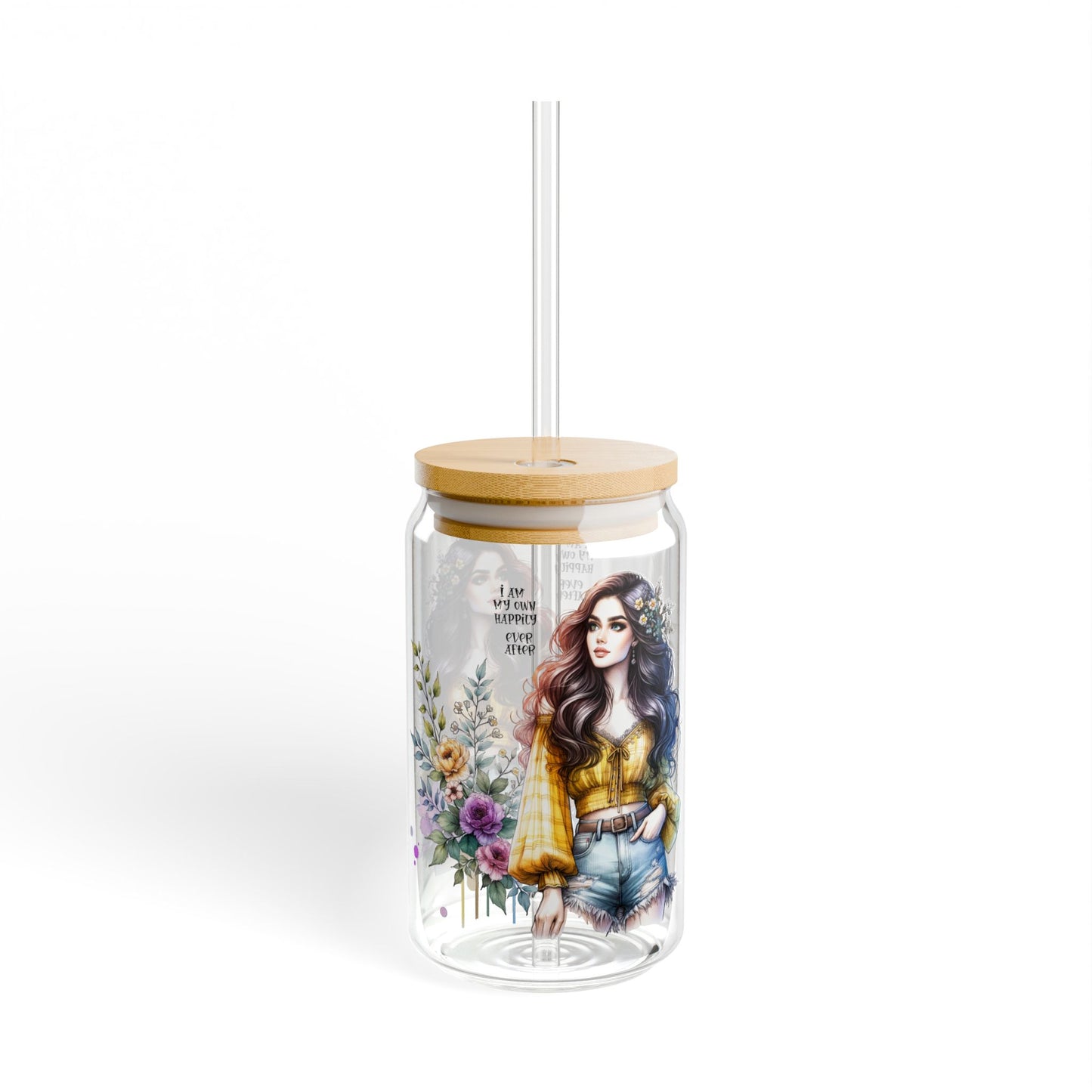 I Am My Own Happily Ever After Stylish Sipper Glass, 16oz - Floral Artwork, Summer Vibes, Eco-Friendly Drinkware, Gift for Her, Party Accessory