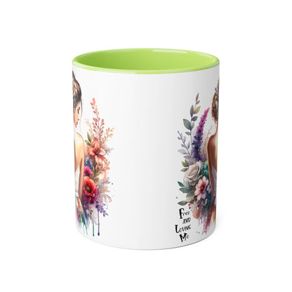 Free and Loving Me Floral Accent Mug, Artistic Coffee Cup, Gift for Mom, Birthday, Mother's Day, Home Decor, Inspirational Mug